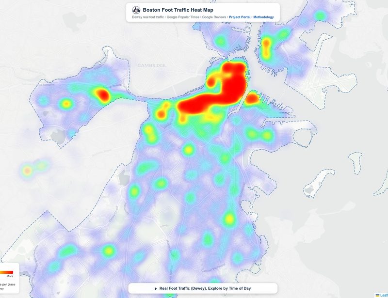 Heat map of Boston with foot-traffic intensity from blue to red, the densest red band running through Downtown and Back Bay, with smaller hot spots in Allston, Dorchester, and East Boston.