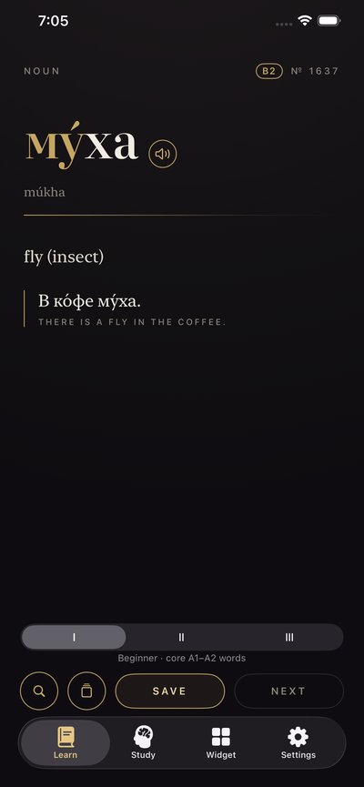 Leksika showing the Russian word мýха, its transliteration, the meaning fly, and an example sentence, in gold type on a dark screen.